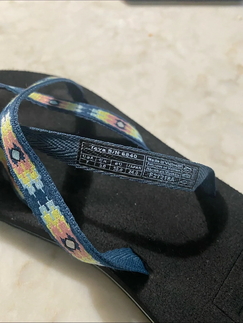 Teva Navy Sandals with Pink and Yellow Geometric Floral Straps